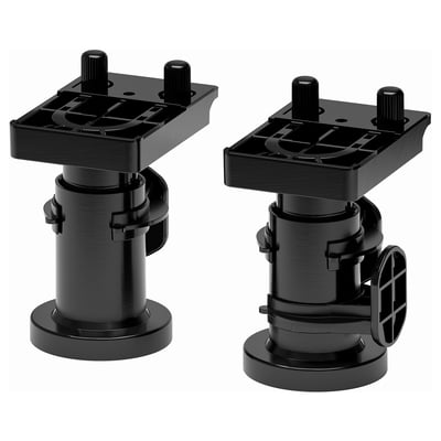 Two black adjustable furniture legs, each with a round base, cylinder, and adjustable knobs, designed for stability on uneven floors.