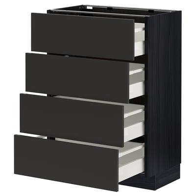 Modern black kitchen drawer unit with four partially open drawers, sleek design, and sturdy construction.