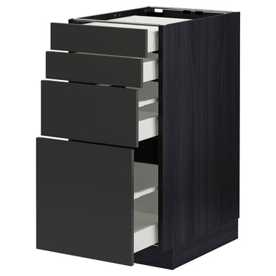 Modern dark wood kitchen cabinet with four sleek drawers.