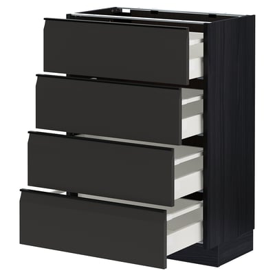 Modern black ikea METOD unit with four open drawers, sleek design.