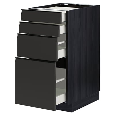 Modern black kitchen cabinet with four matte drawer fronts, sleek and slim design, featuring integrated handles.