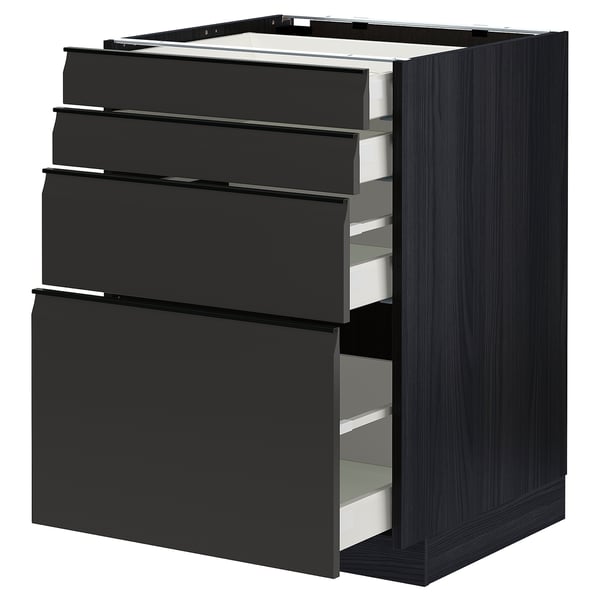 Modern black kitchen unit with four open drawers, sleek design, integrated handles.