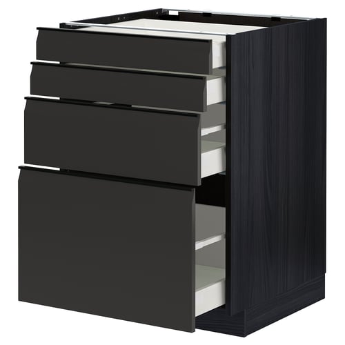 Modern black kitchen unit with four open drawers, sleek design, integrated handles.