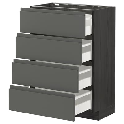 Modern kitchen drawer unit, dark grey, wood texture, four drawers, slim handles.