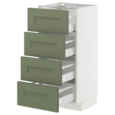 Modern white ikea METOD cabinet with four green drawers, sleek handles, and smooth finish.