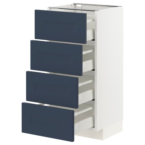METOD kitchen cabinet with 4 blue axstad drawers.