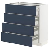 Blue ikea METOD kitchen drawers, white sides, four deep.