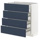 Blue ikea METOD kitchen drawers, white sides, four deep.