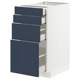 White METOD kitchen cabinet with 4 sleek, blue self-closing drawers.