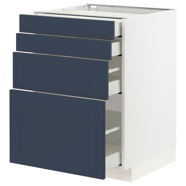 This image a white ikea METOD kitchen cabinet with four dark blue drawers and one door, arranged vertically. The cabinet is modern and functional.