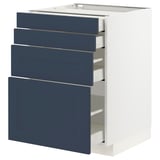 This image a white ikea METOD kitchen cabinet with four dark blue drawers and one door, arranged vertically. The cabinet is modern and functional.