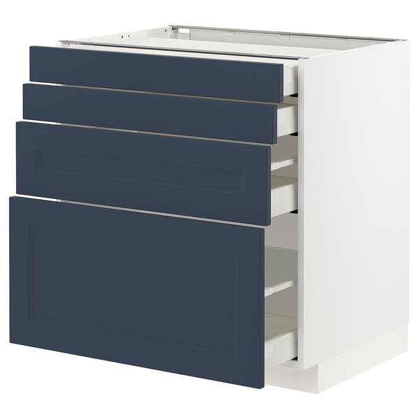 Modern blue METOD drawers, four-drawer kitchen cabinet with white frame.