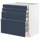 Modern blue METOD drawers, four-drawer kitchen cabinet with white frame.