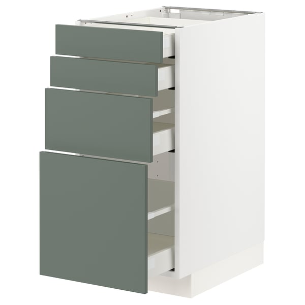 Modern kitchen unit with grey-green drawers, metal runners, and white cabinet.
