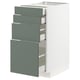 Modern kitchen unit with grey-green drawers, metal runners, and white cabinet.