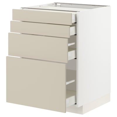 Off-white METOD kitchen cabinet with four beige drawers, modern and sleek.