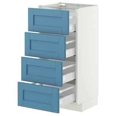 An IKEA METOD cabinet with four light blue drawers and a white frame. It has a sleek, modern design and sturdy construction.