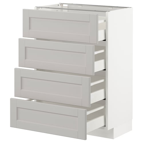White METOD kitchen cabinet with four light grey drawers, classic design.