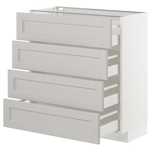 A white METOD kitchen cabinet with four grey lerhyttan drawers, bevelled edges, and a traditional design.