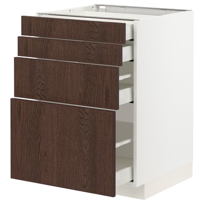 Modern kitchen unit with dark brown wooden drawers and white base. Four drawers, sleek design, wooden edging.