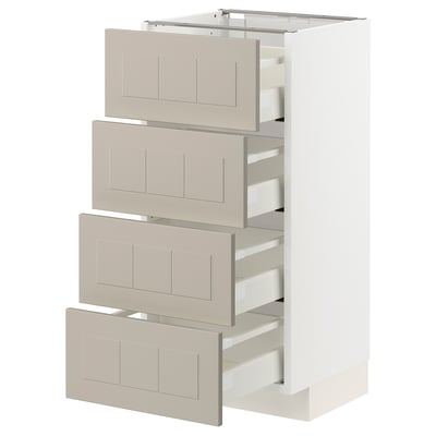 METOD kitchen cabinet with beige stensund drawers, four drawn-out medium drawers, white base.