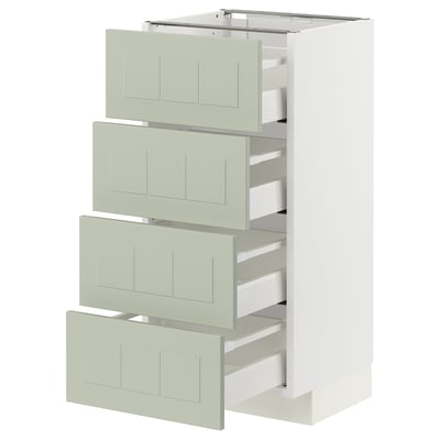 Modern kitchen cabinet in green with four drawers; sleek design with self-closing drawers.