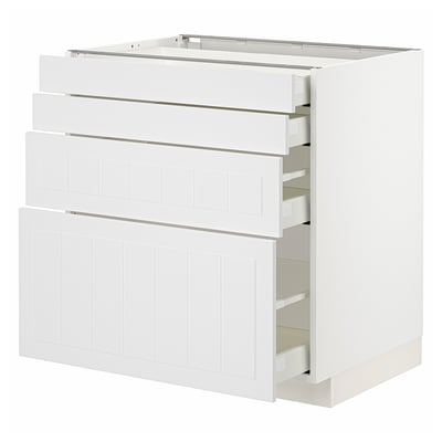 White METOD kitchen unit with multiple drawers and compartments.