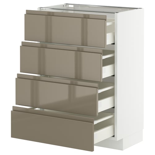Modern kitchen unit with four metallic drawers and sleek handles.
