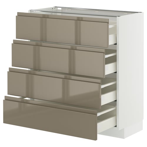 Modern white kitchen cabinet with four high-gloss dark gray-brown drawers.
