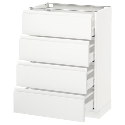 A white METOD base cabinet with four drawers. It has a modern, minimalist design with integrated handles and a sturdy construction.