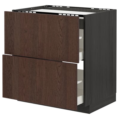 METOD kitchen unit: dark brown wooden drawers, black frame, sturdy & smooth operation.