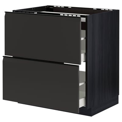 Image shows black METOD kitchen unit with two open drawers, featuring modern design and integrated handles.
