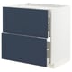 Modern kitchen cabinet with blue drawers and white frame.