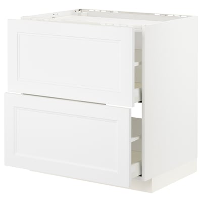 White ikea METOD kitchen cabinet with two drawers and one fixed shelf.