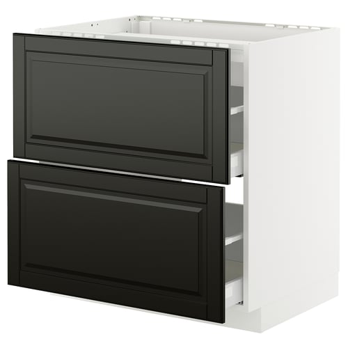 The METOD kitchen cabinet black bodbyn fronts with beveled edges and a white base, offering a modern and sturdy design.