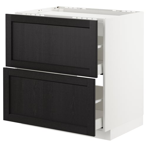 A white METOD kitchen cabinet with black-stained ash drawers and bevelled edges.