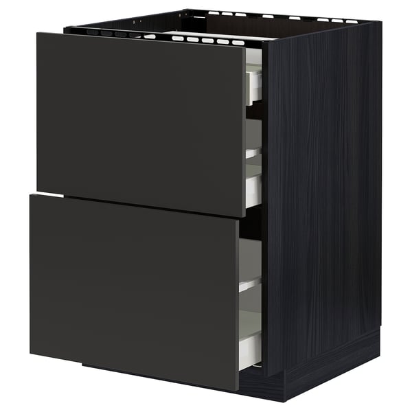 Modern black kitchen cabinet with two drawers, sleek design, durable particleboard.