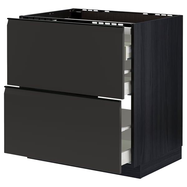 Modern black kitchen unit with two drawers, sleek design, soft-close feature.