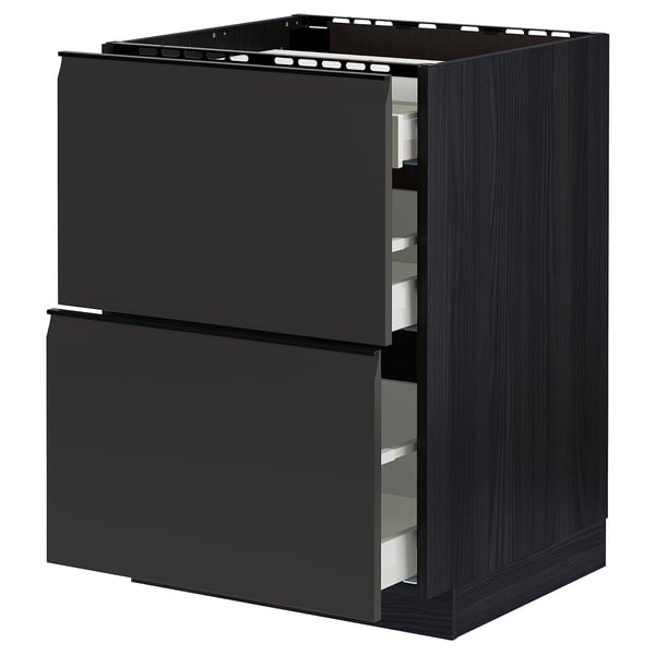 Black kitchen cabinet with two open drawers, modern design.