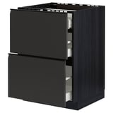 Black kitchen cabinet with two open drawers, modern design.