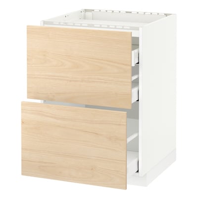 White METOD cabinet with ash drawers, silver runners.
