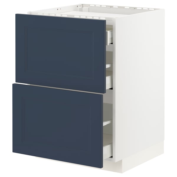 METOD kitchen unit with blue axstad drawers. White frame, six shelves, modern design, sturdy construction.