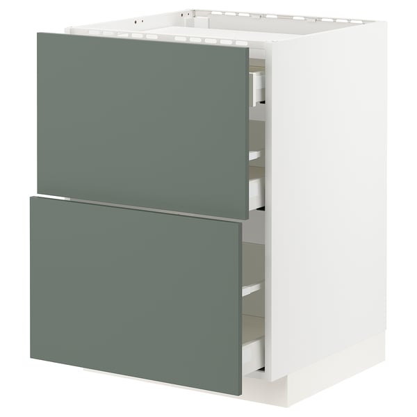 Green-grey IKEA METOD kitchen unit with smooth, matte drawers.