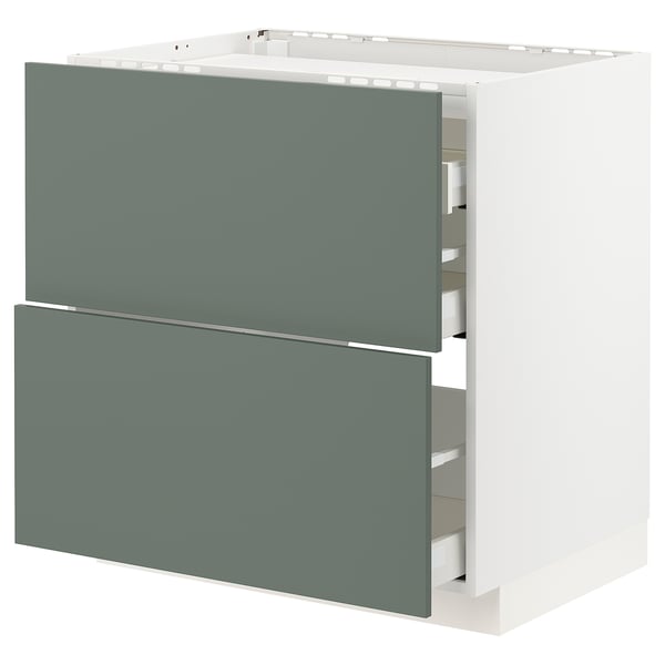 This image the IKEA METOD kitchen unit with gray-green bodarp fronts. It a clean, modern design with multiple drawers for storage.
