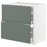This image the IKEA METOD kitchen unit with gray-green bodarp fronts. It a clean, modern design with multiple drawers for storage.