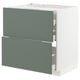 This image the IKEA METOD kitchen unit with gray-green bodarp fronts. It a clean, modern design with multiple drawers for storage.