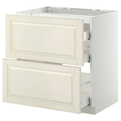 METOD kitchen base cabinet with off-white bodbyn drawers, three beveled edge drawers.