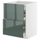 A green METOD kitchen cabinet with three drawers, featuring a sleek, modern design with a high-gloss finish and a white frame.
