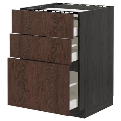 Dark brown wooden kitchen cabinet, three open drawers, part of the METOD system.