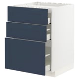 Ikea METOD kitchen unit with blue axstad drawers, white frame.